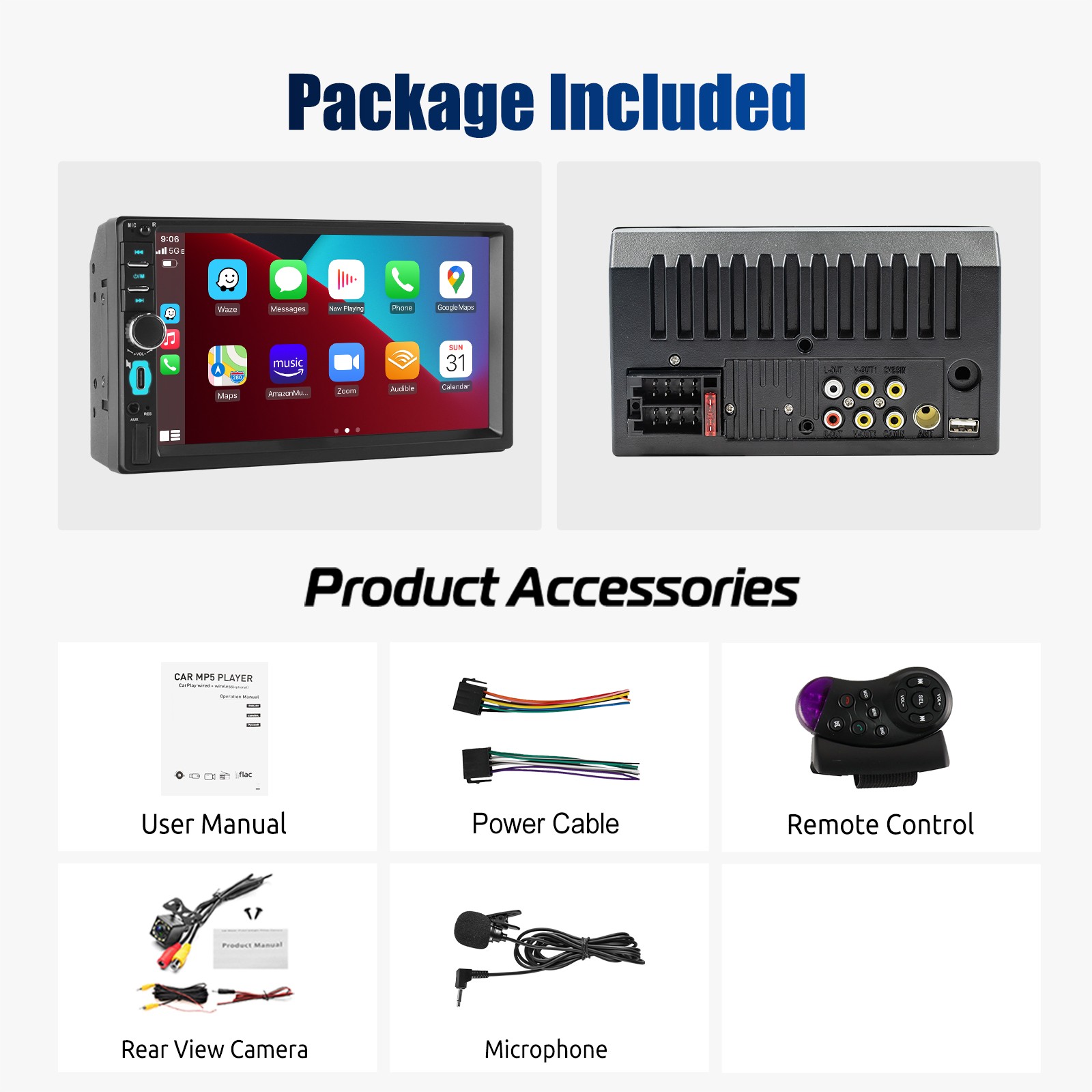 7″ Double 2 Din Car Stereo Radio Apple Carplay& Android Auto USB FM with Camera