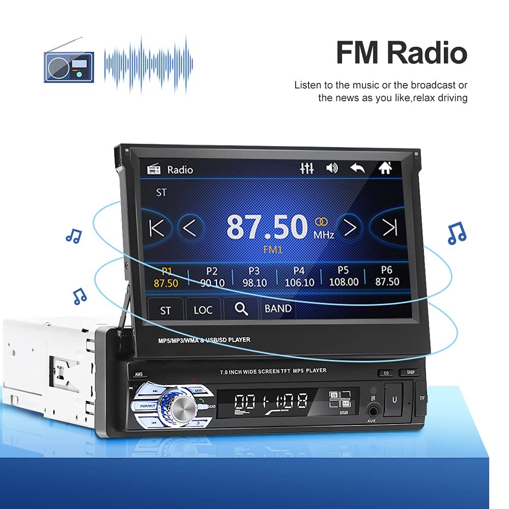 Bluetooth Single Din Car Stereo 7 Inch Retractable Touchscreen Car Radio with…