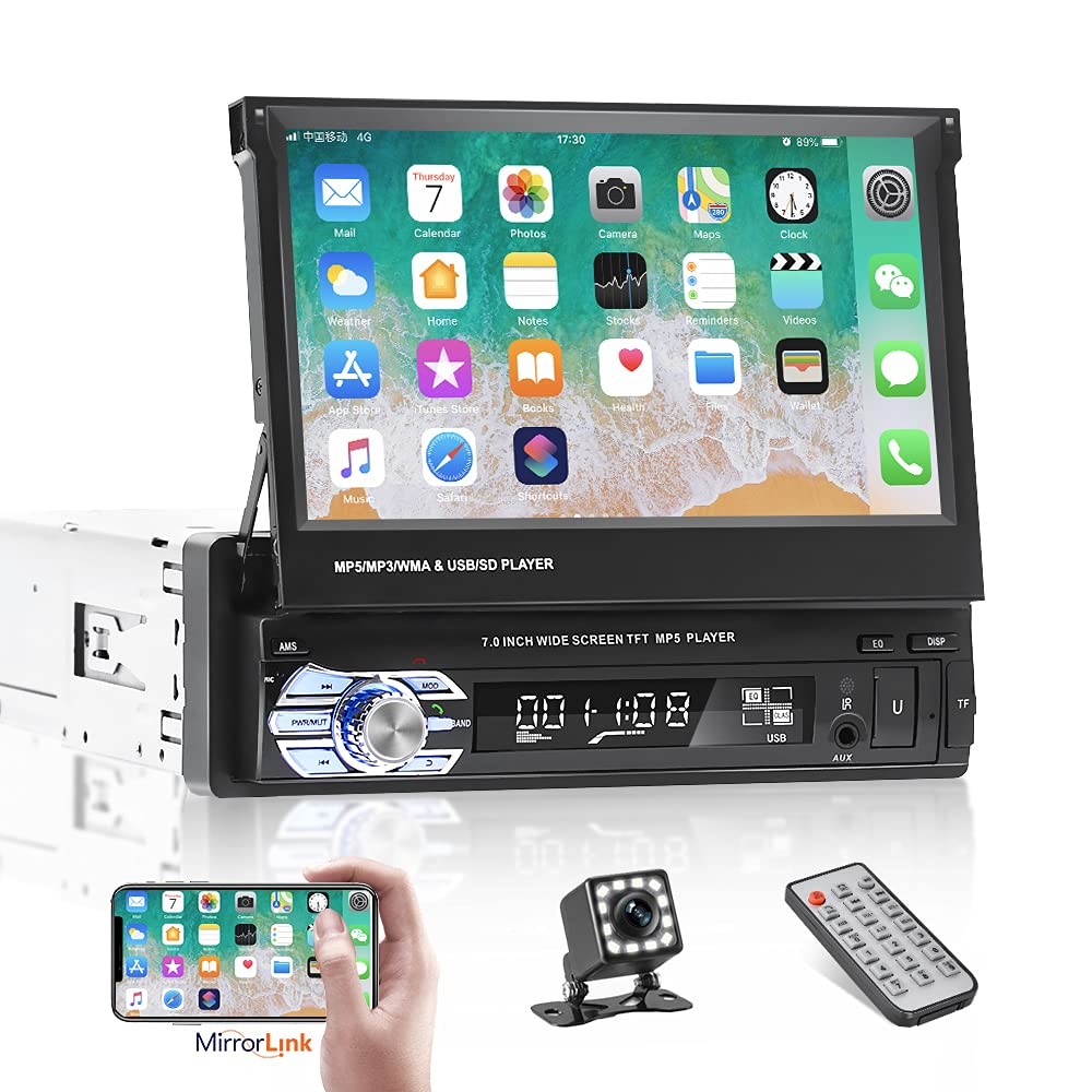 Bluetooth Single Din Car Stereo 7 Inch Retractable Touchscreen Car Radio with…