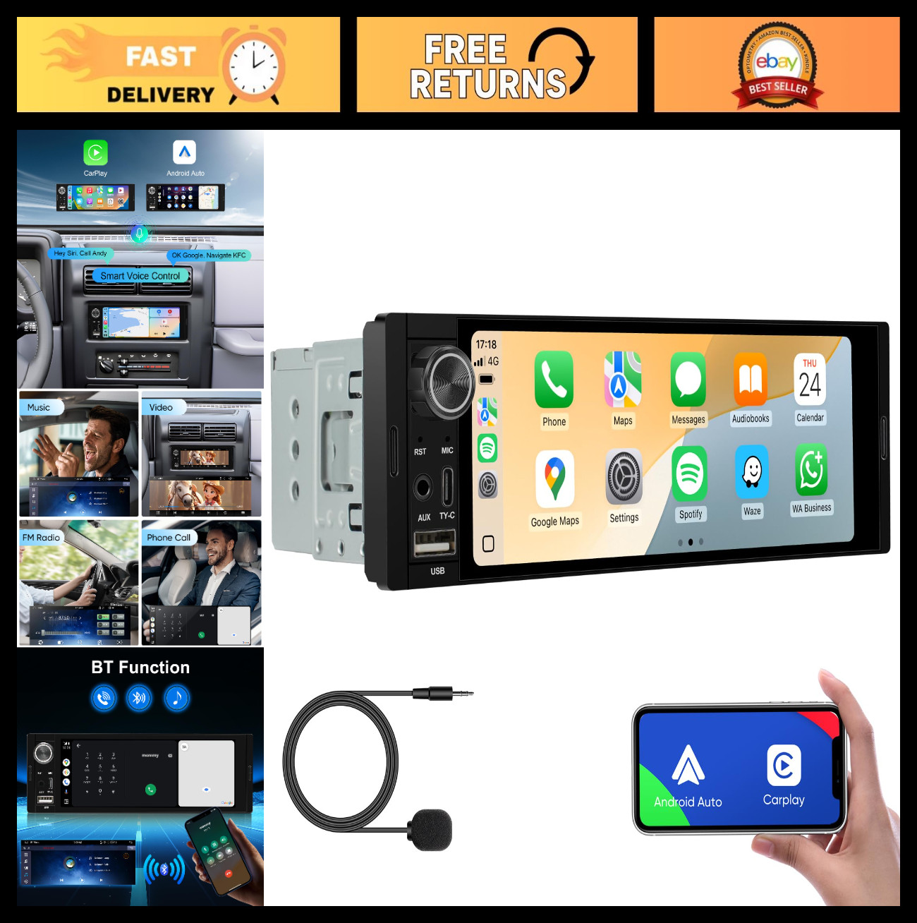 6.36″ Single Din Touchscreen Car Stereo – Wireless Carplay, Android Auto, GPS, B