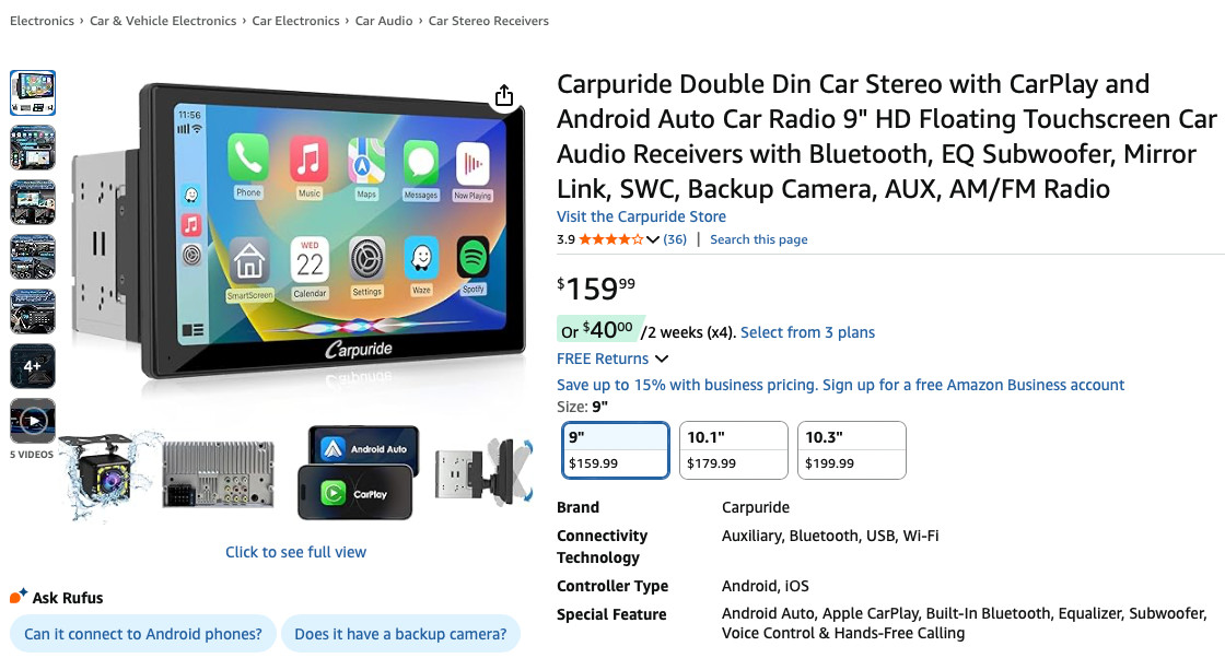 Carpuride 9″ Wireless Car Stereo Apple CarPlay Android Auto Touchscreen
