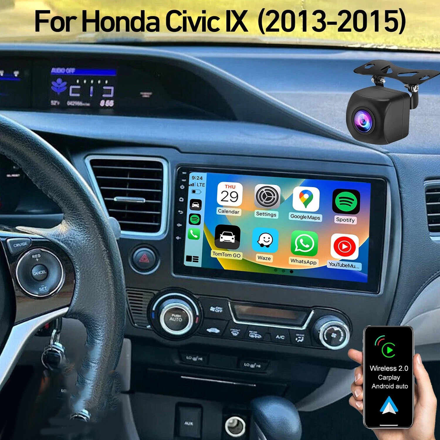 9” Car Radio Wireless Android Auto CarPlay GPS 4+32GB For 2013-2017 Honda CIVIC