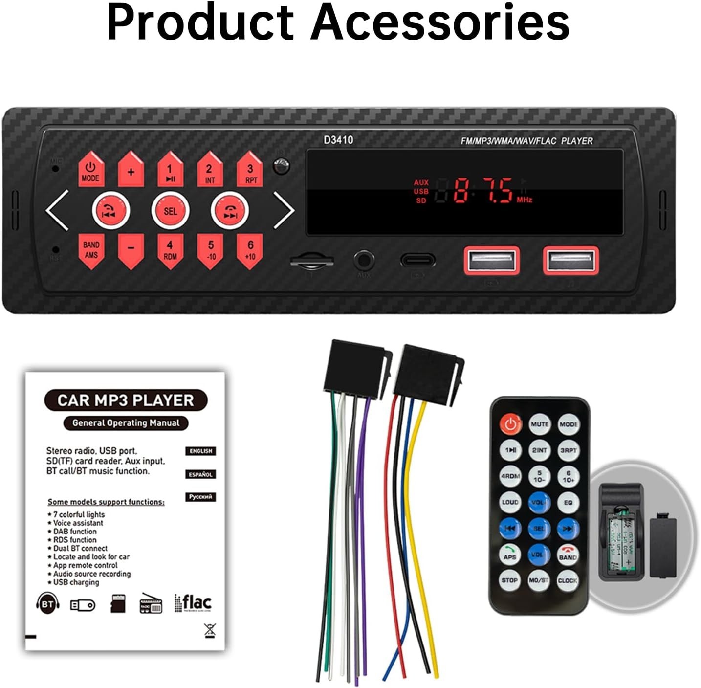 Car Audio Bluetooth Single DIN Stereo, 12V LED Car Radio MP3 Player with Hand…