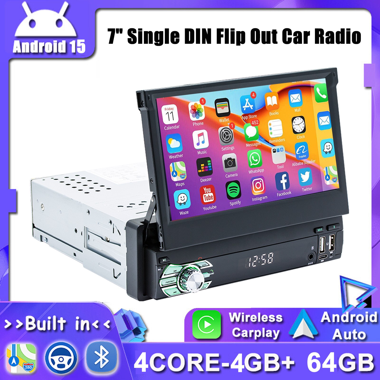 7″ 1 DIN Car Stereo Radio CarPlay Android 15 GPS NAV Flip Out Screen 4+64GB WIFI