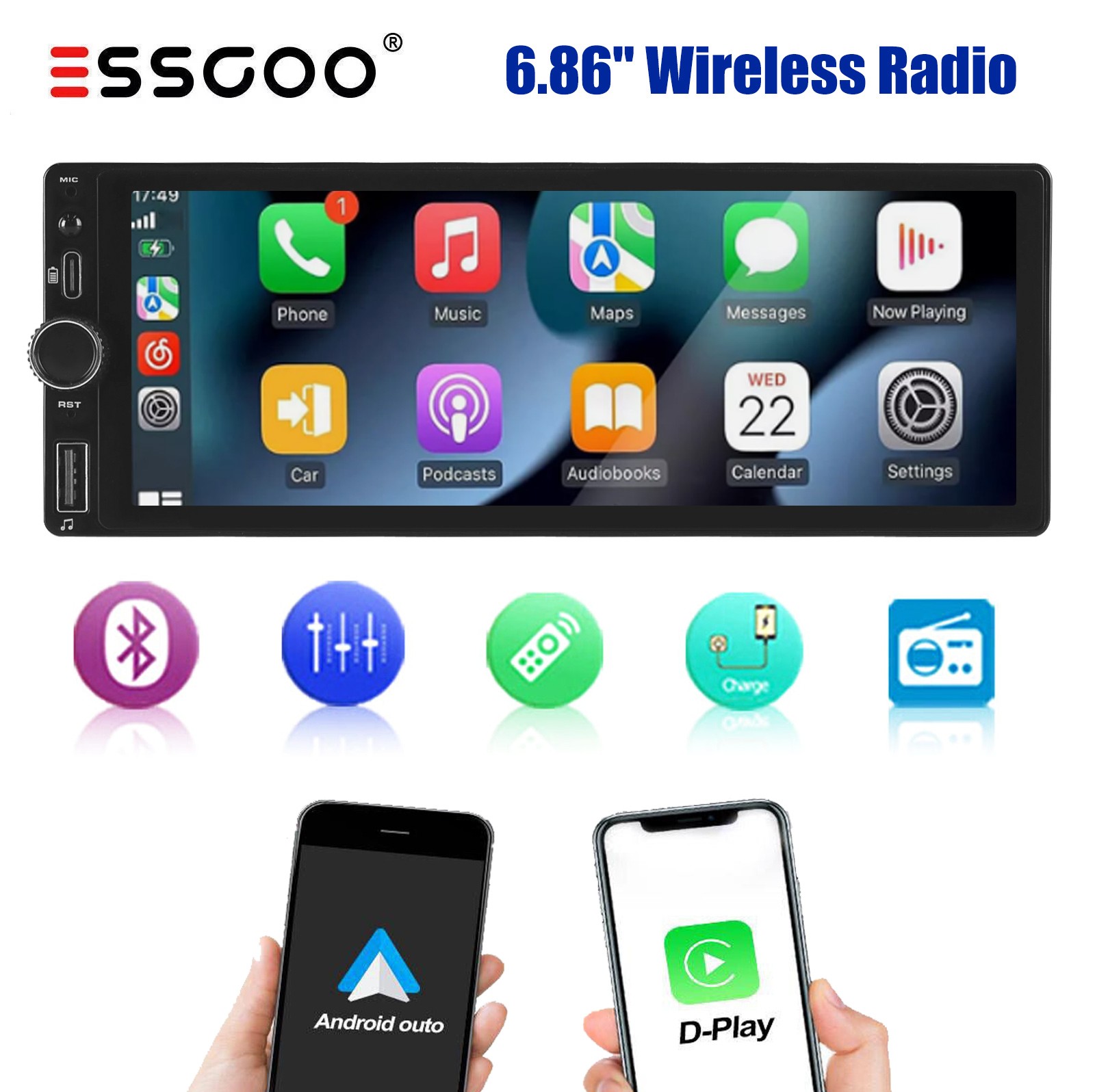 6.86″ Car Stereo Single Din Touchscreen with Wireless Apple Carplay Android Auto