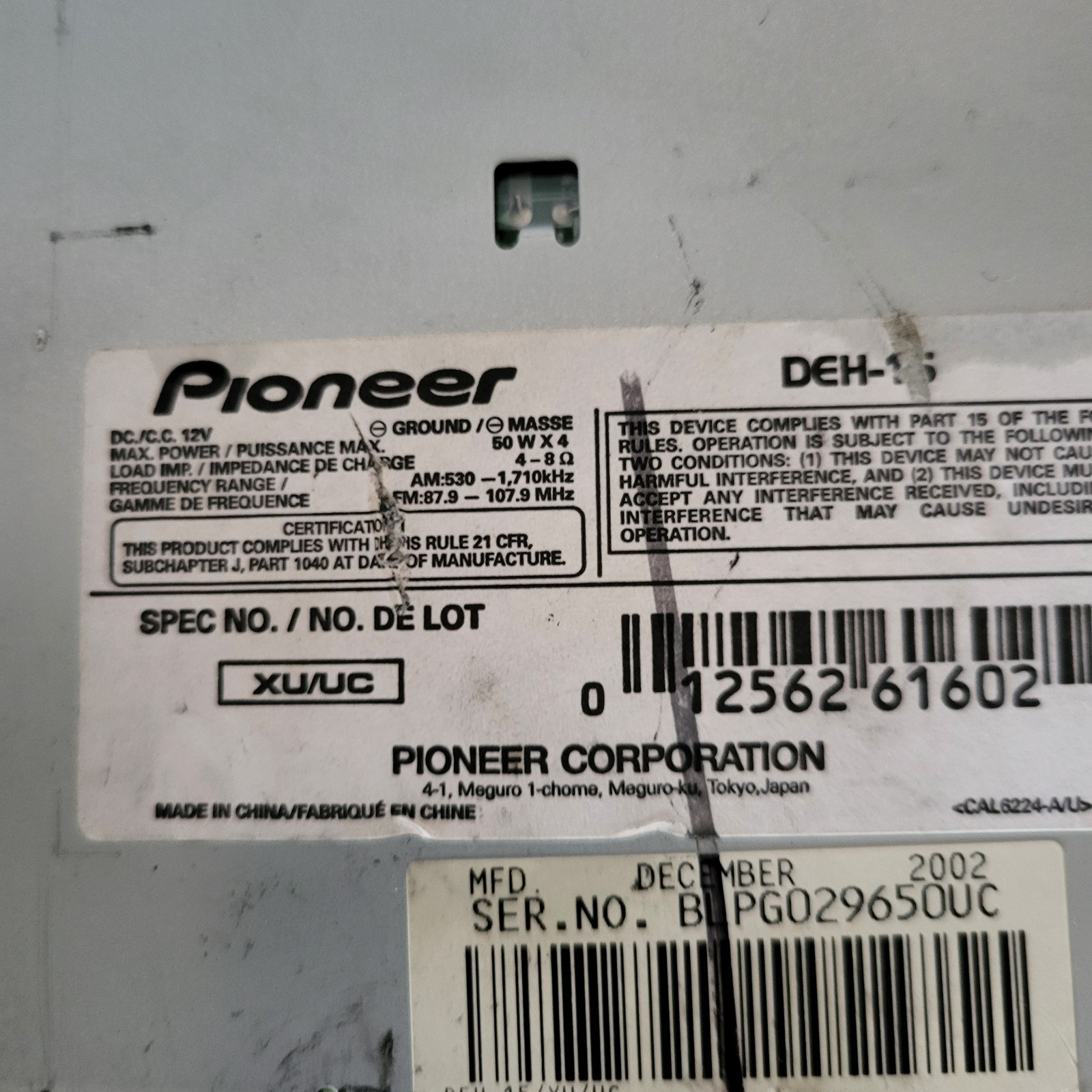Pioneer DEH 16 MOSFET 50w Stereo CD Receiver With Removable Face Works Great