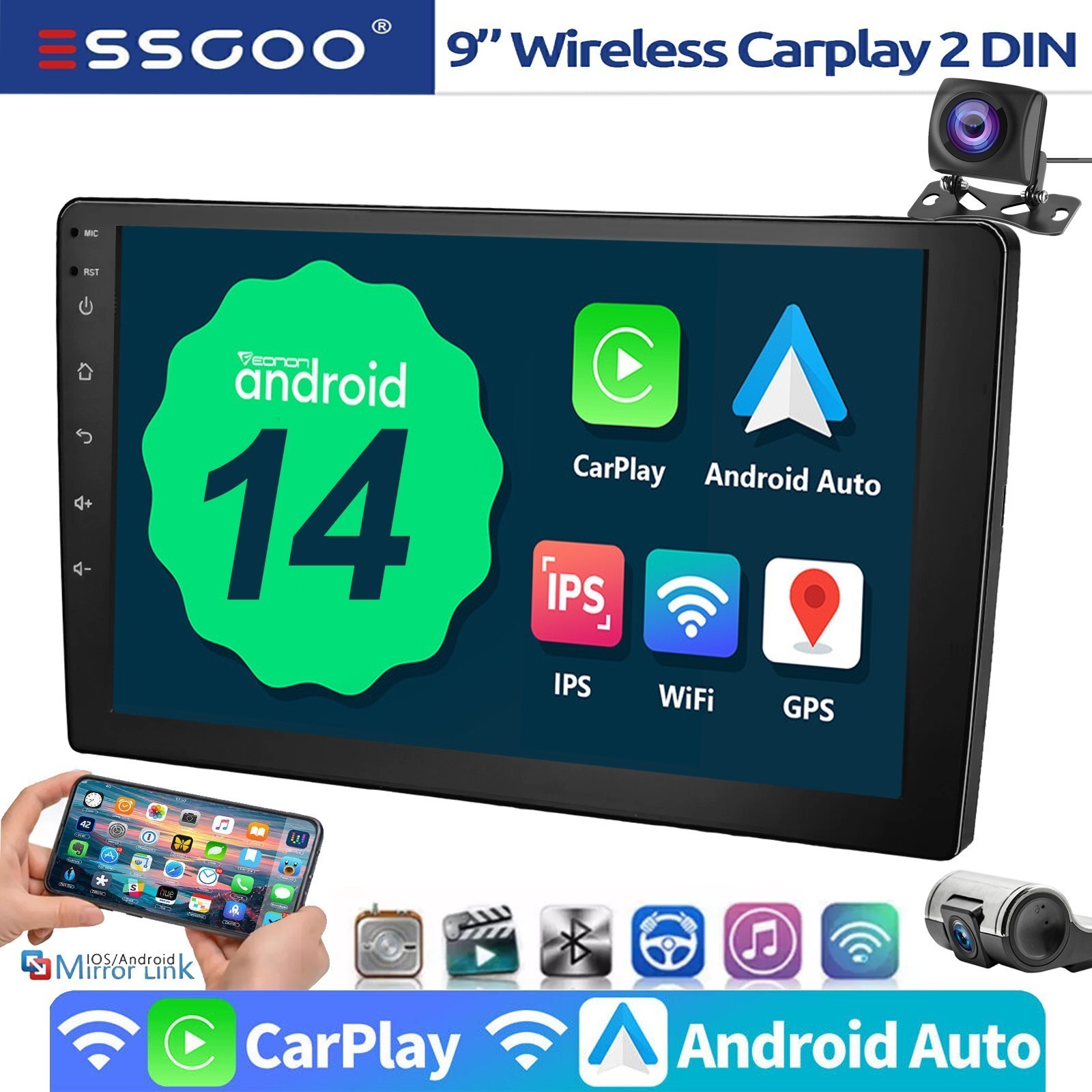 2 DIN Car Stereo Android 14 9 Inch IPS Touchscreen w/ DVR+AHD GPS NAV BT Carplay