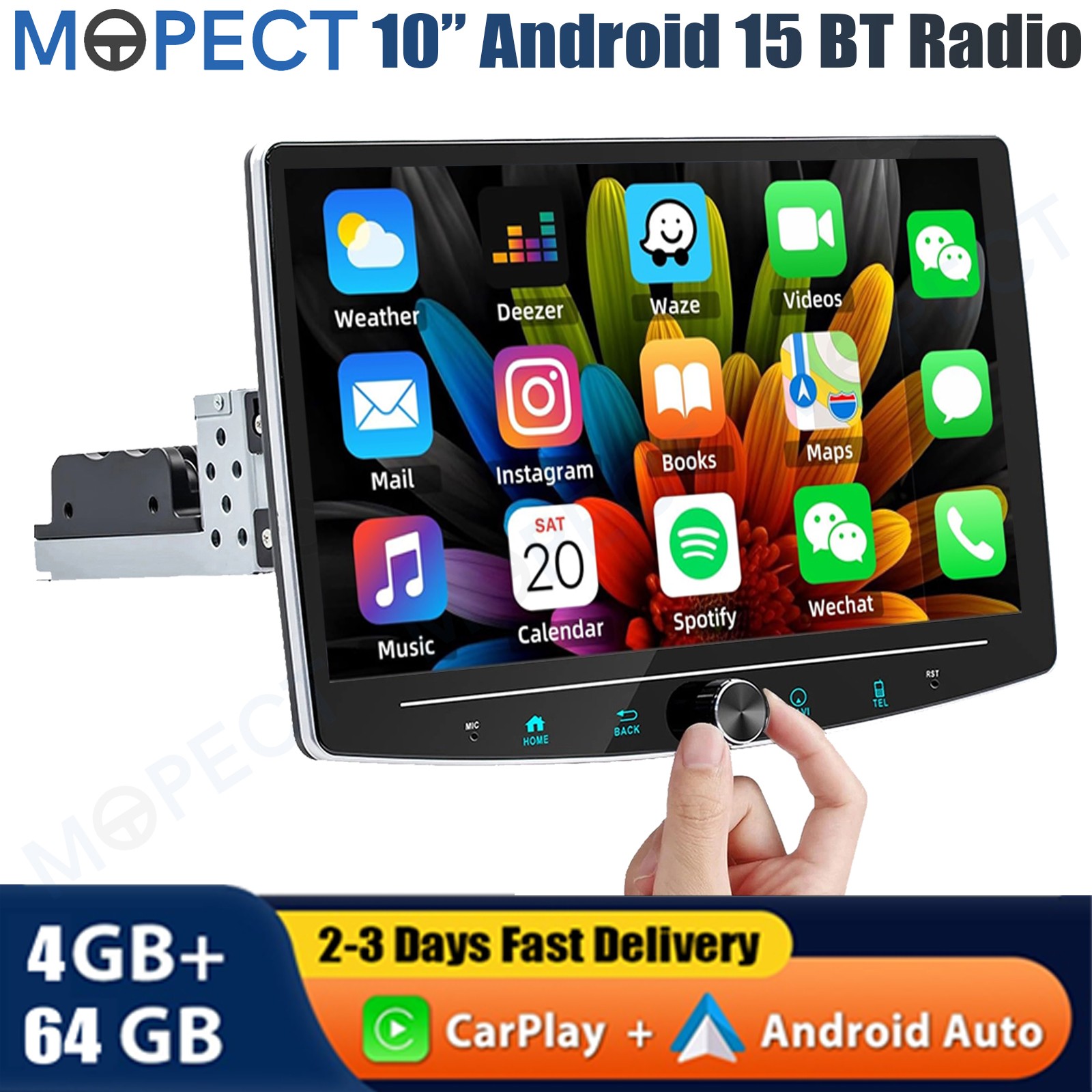 10.1″ Universal 4+64GB Car Stereo Radio 1Din Rotatable WiFi Carplay Touch Screen
