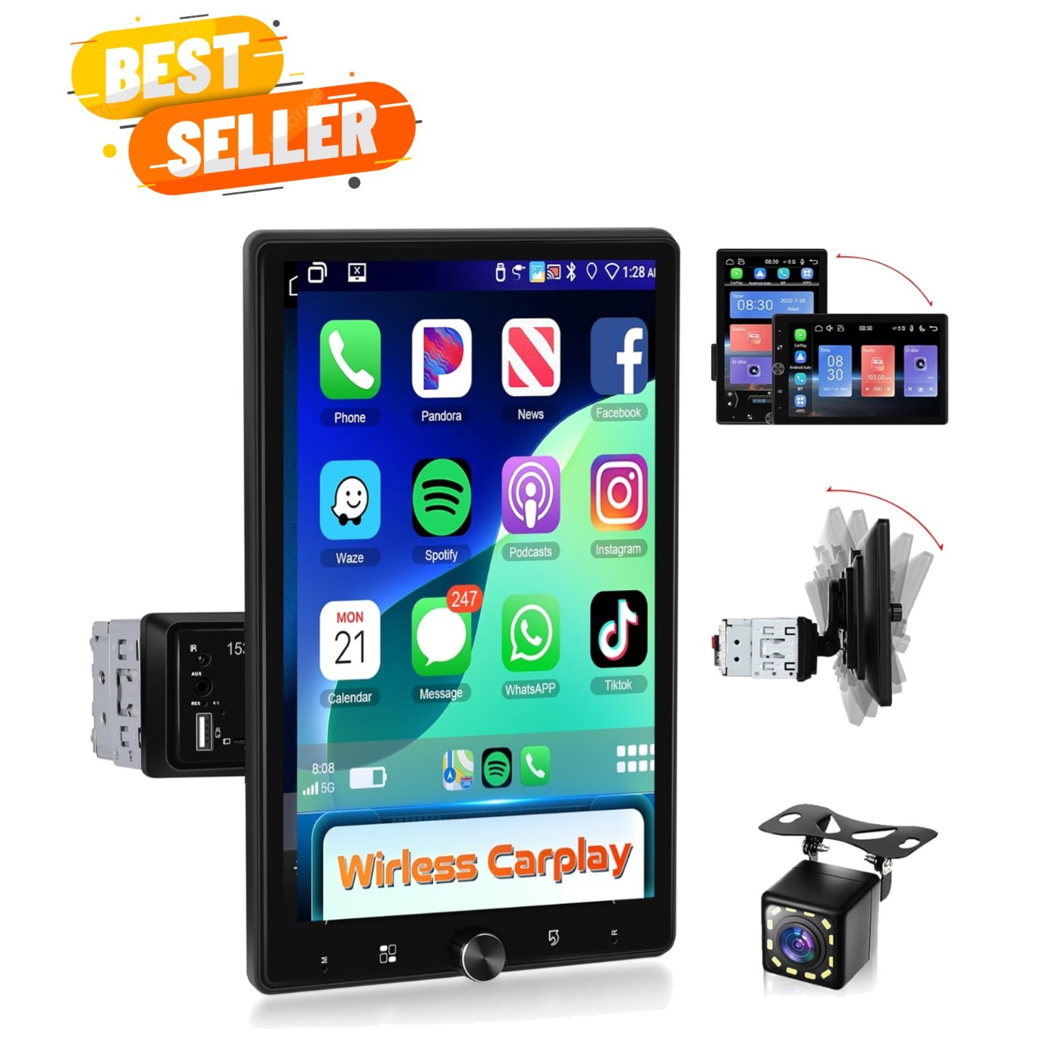 10.4″ Single Din Radio Car Stereo with Wireless CarPlay & Android Auto, Rotat…