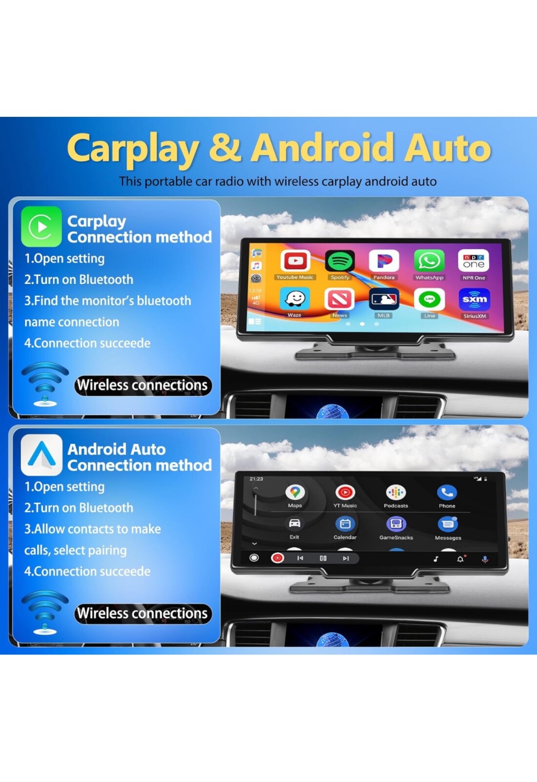 Portable Carplay Wireless Car Stereo Receiver, 9.3 inch car