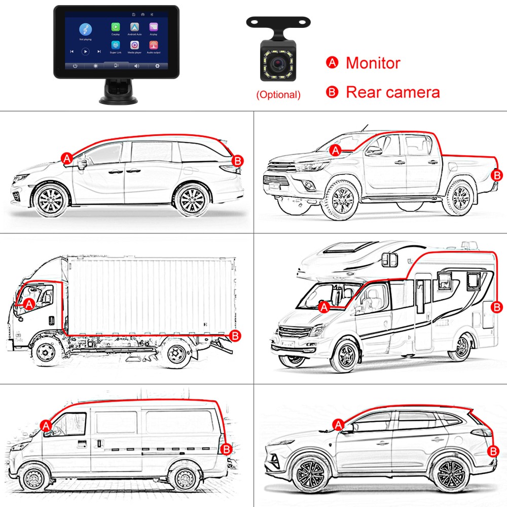 7″ PND Portable Car Player Wireless CarPlay Android Auto BT with Rearview Camera
