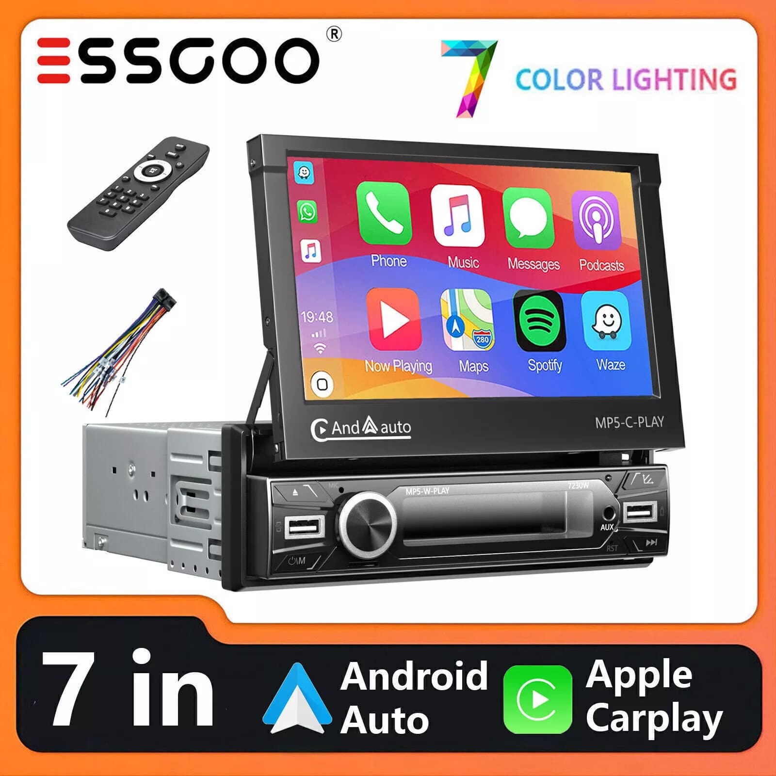 7″ Flip Out Car Radio Stereo Apple Carplay Android Auto Touch Screen Single 1Din
