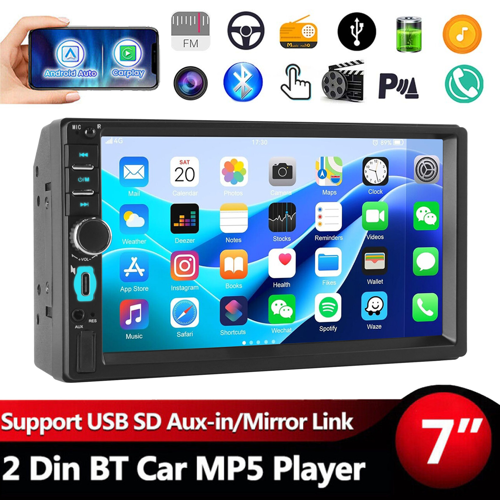 7inch Double 2 Din Android Car Stereo Radio Apple Carplay Digital Media Receiver