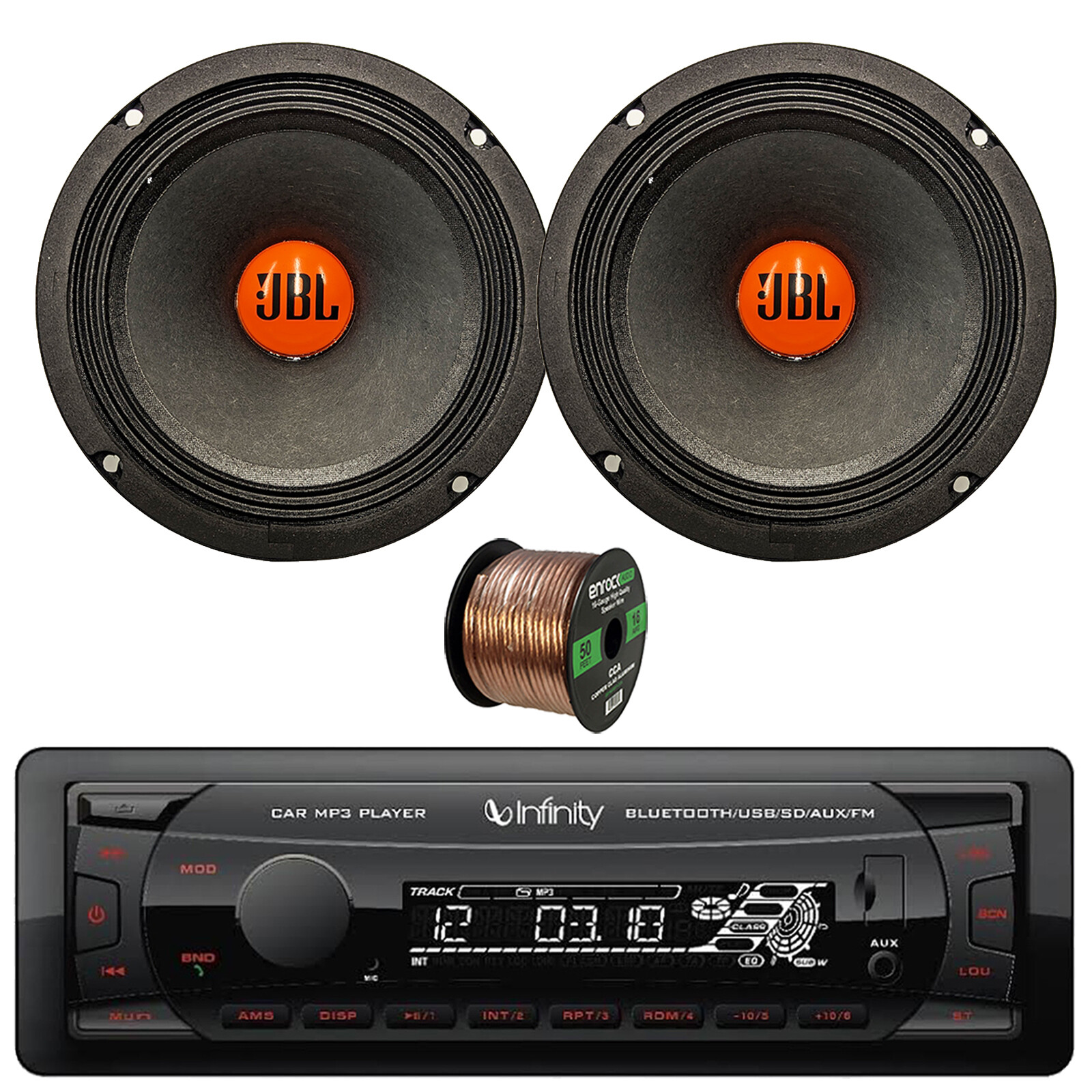 Single DIN Bluetooth USB/AUX FM Radio Receiver, 2x 6.5″ 300W Car Speakers + Wire