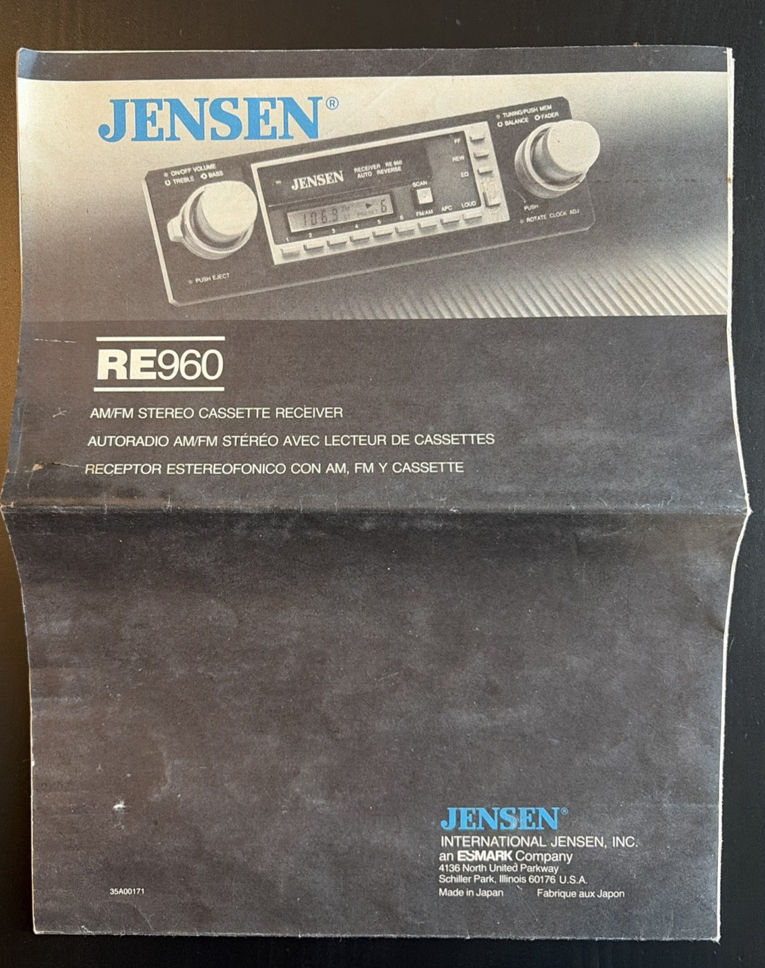 Vtg & Orig Fold Out Manual for Jensen AM/FM Casette Car Stereo Model RE960