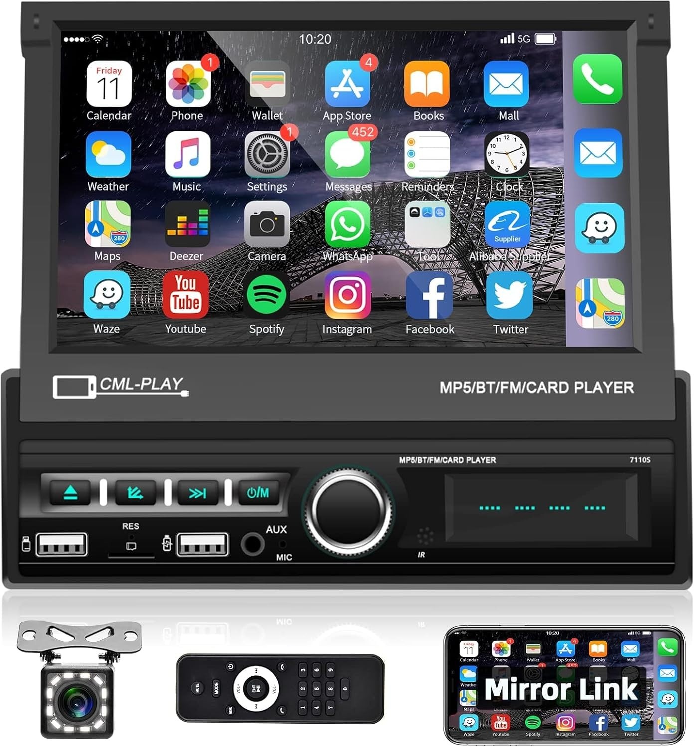 Single Din 7-Inch Motorized Car Radio with Bluetooth & Mirror Link Capabilities
