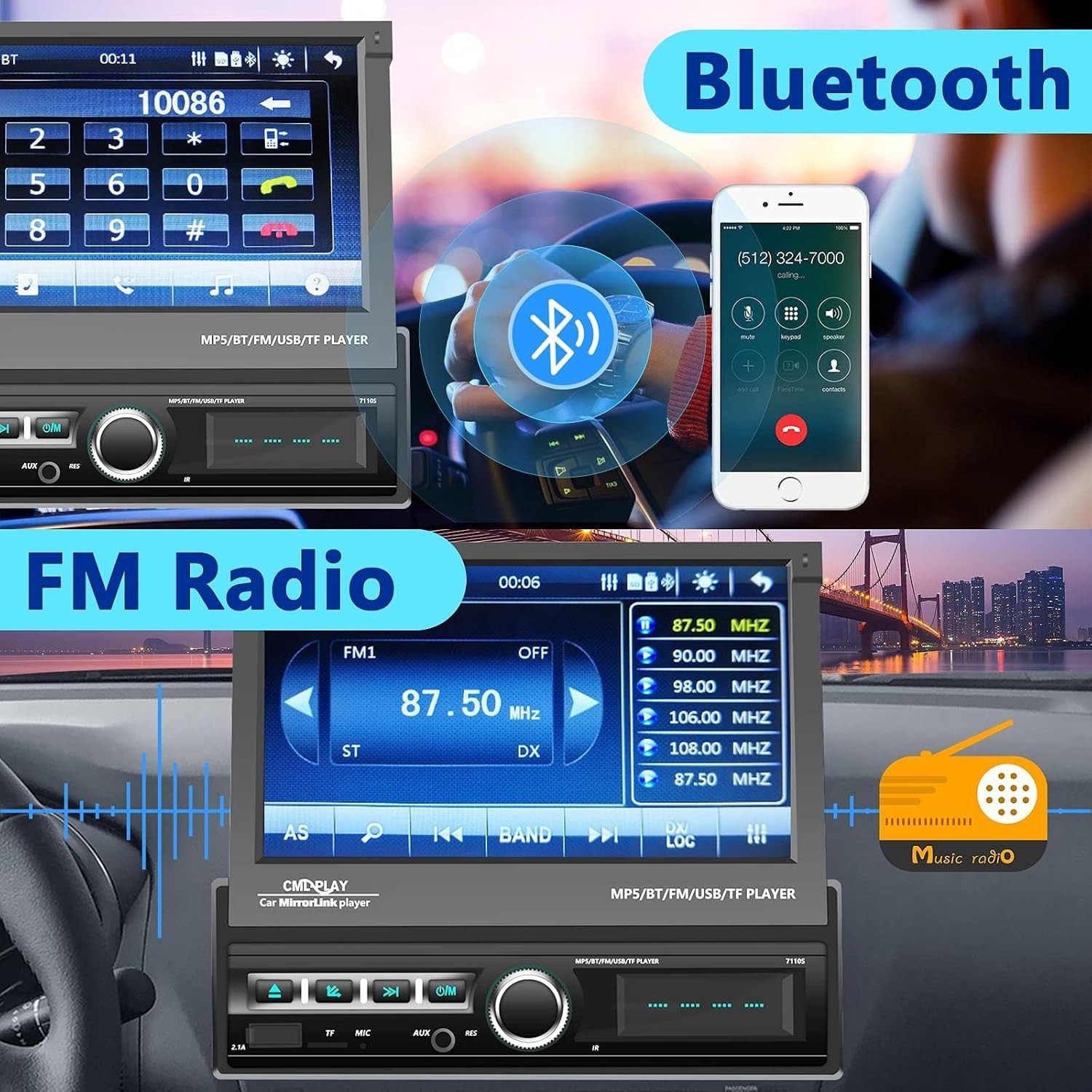 Single Din 7-Inch Motorized Car Radio with Bluetooth & Mirror Link Capabilities