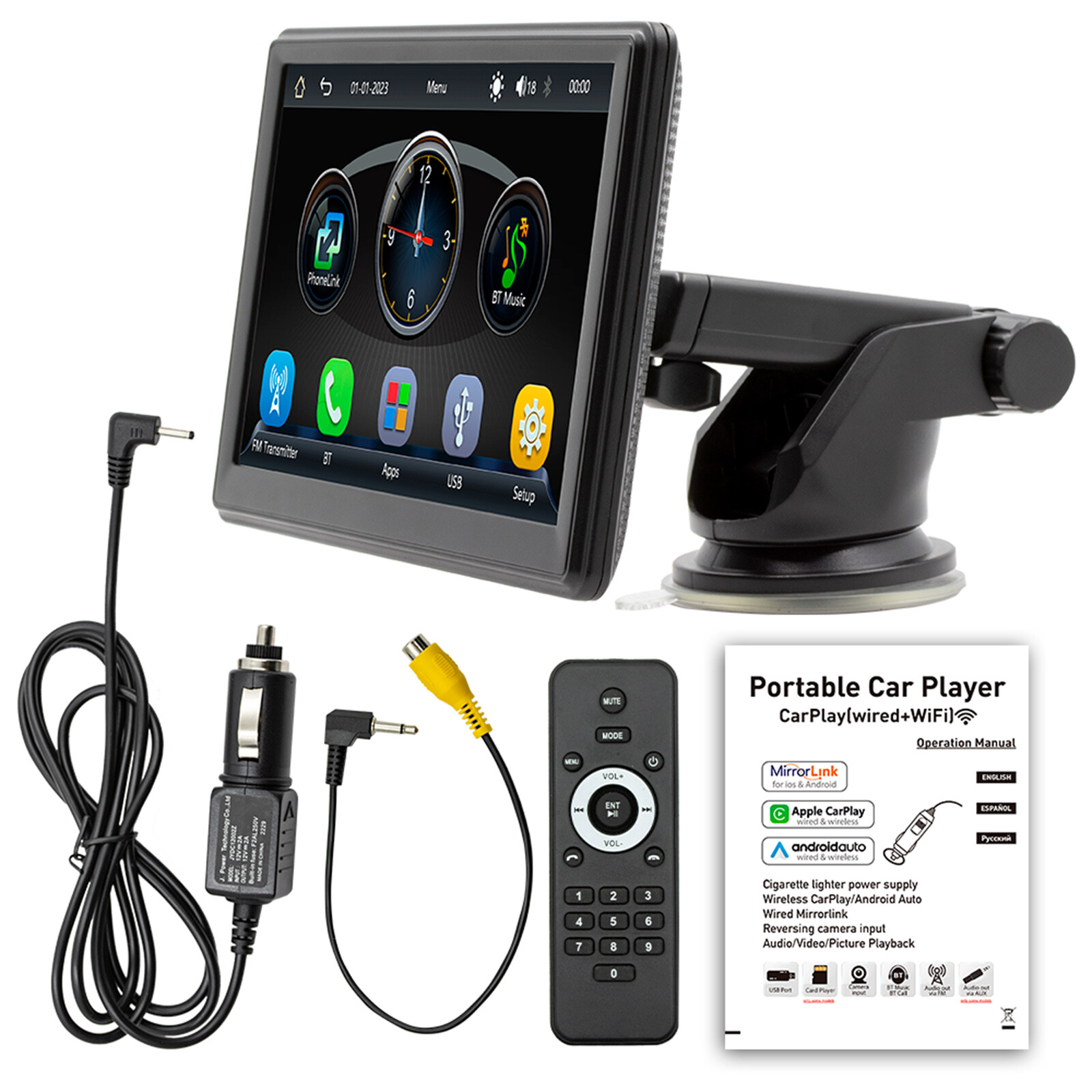7″Portable Wireless Carplay Car MP5 Player Bluetooth Stereo Radio 4 LED Camera B