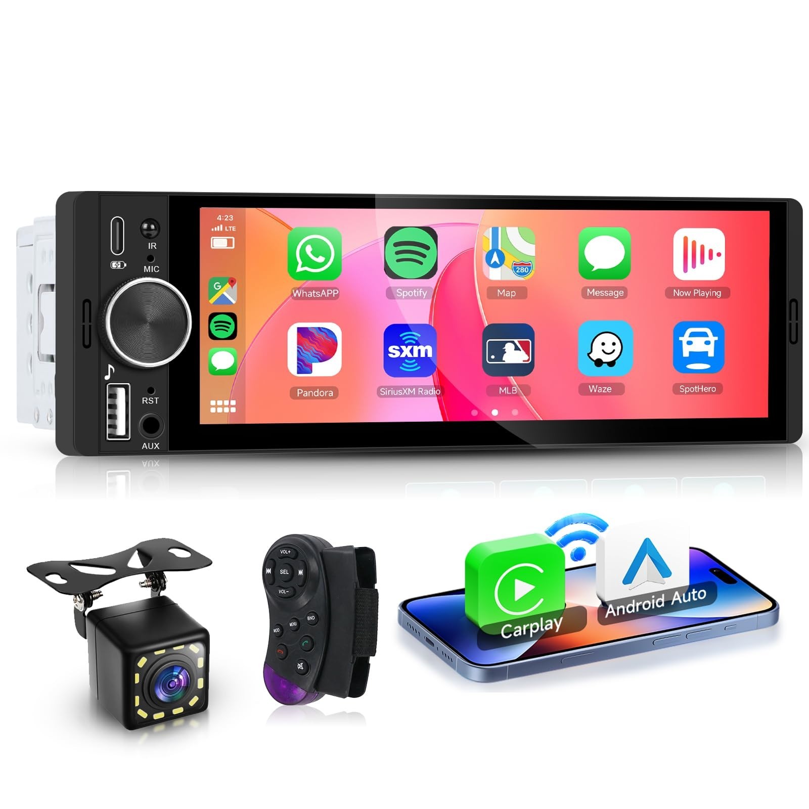 Single Din Car Stereo with 6.28” Touch Screen, Wireless CarPlay & Android Auto,
