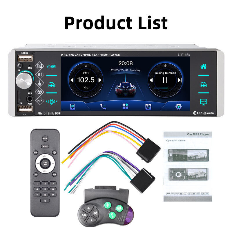 5.1″ Single 1 Din Car Radio Touch Screen Carplay Bluetooth MP5 Player FM/USB/AUX