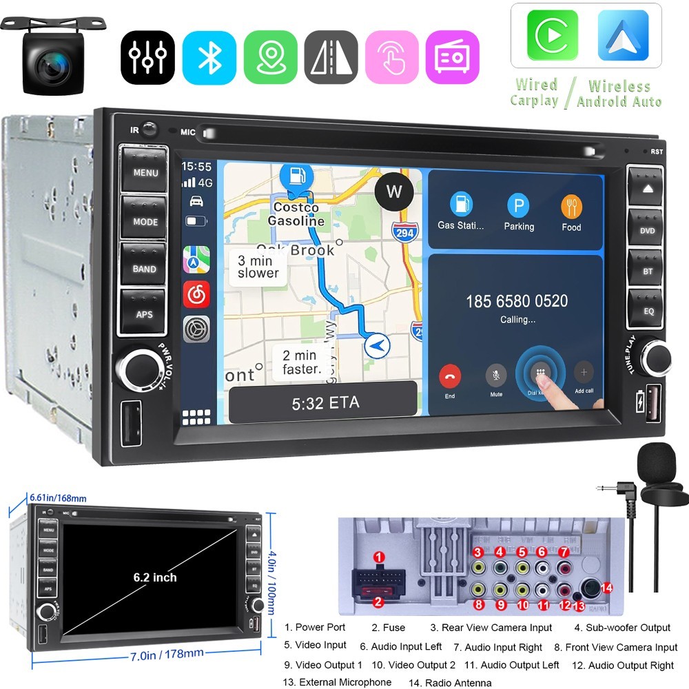 Double Din Car Stereo Radio CD DVD Bluetooth In-Dash Player with Carplay GPS Nav