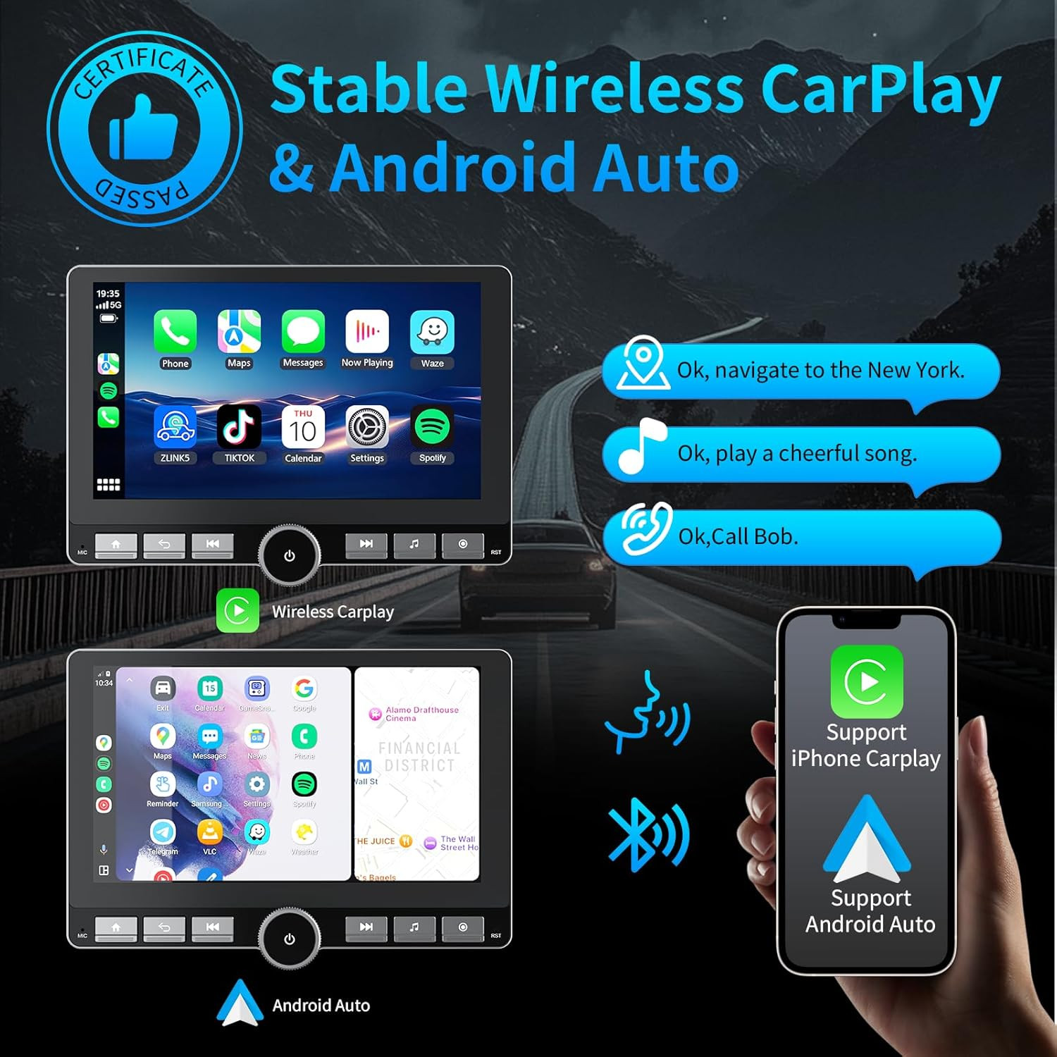 10.1” Double Din Car Stereo with Wireless Apple Carplay & Android Auto, with DS