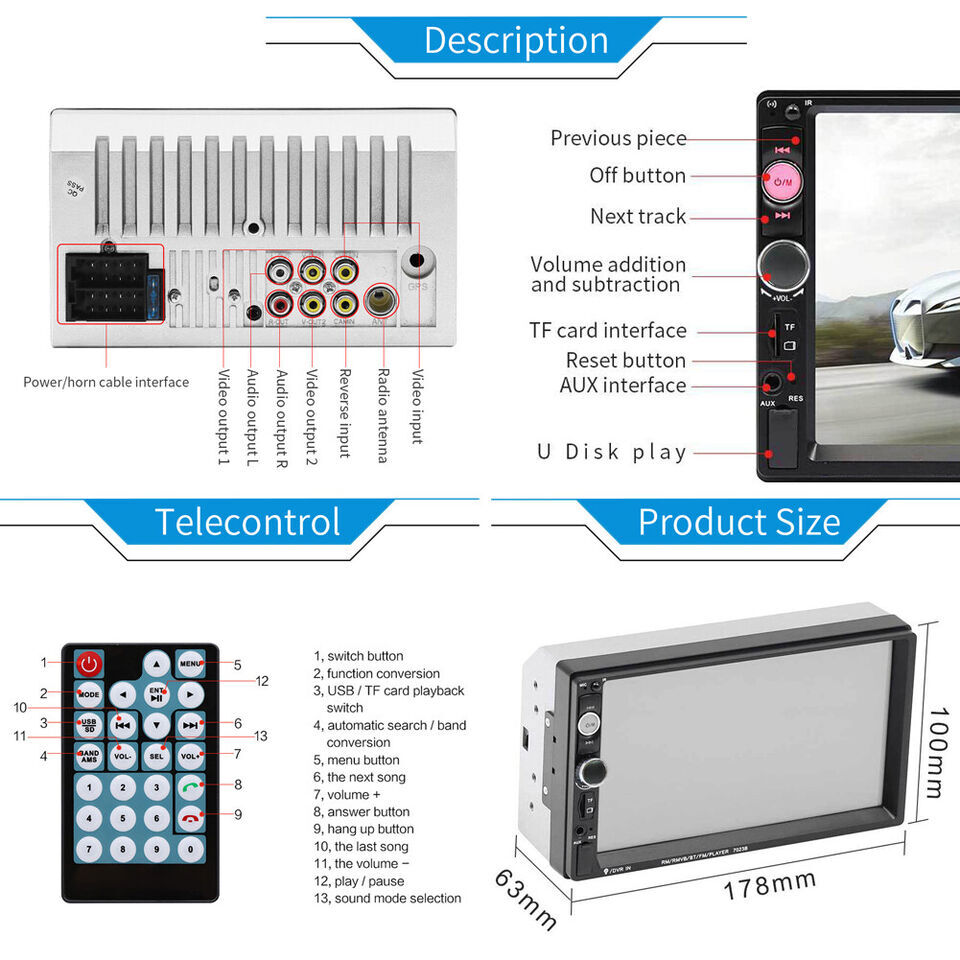 7″ Estereo De Pantalla Para Coche 2 Din Car Stereo MP5 Reproductor Bluetooth