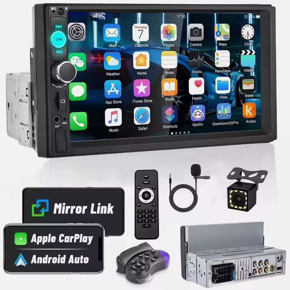 1 Single DIN 7″ Apple CarPlay Car Stereo Touch Screen Android Auto Backup Camera