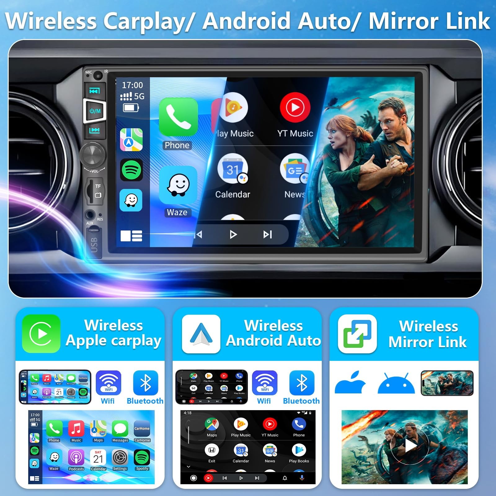 Double Din Car Stereo Compatible with Wireless Carplay&Android Auto&Mirror