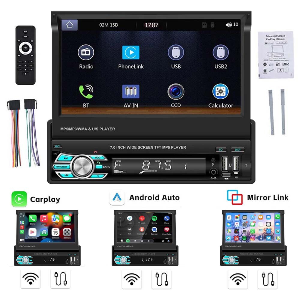 Single 1Din 7″ Car Radio For Wireless Apple/Android Carplay Bluetooth MP5 Player