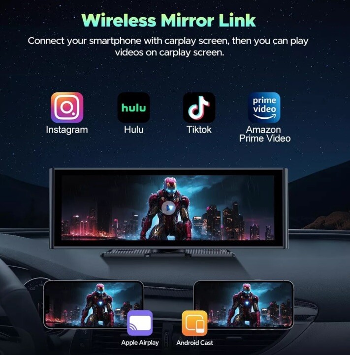 4K Dash Cam 10.26″Car Stereo Radio Wireless Apple Carplay &Android Auto+Rear Cam