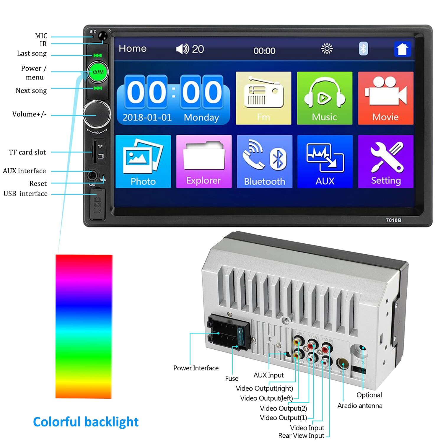 Estéreo para coche con Bluetooth, reproductor MP5 de 7 pulgadas, pantalla táctil