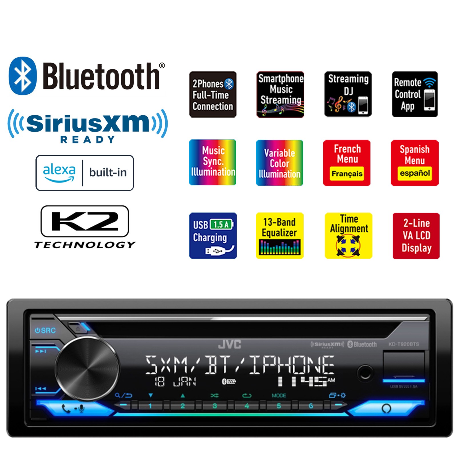 JVC KD-T920BTS Single DIN AM/FM Radio USB Bluetooth CD Player Car Receiver