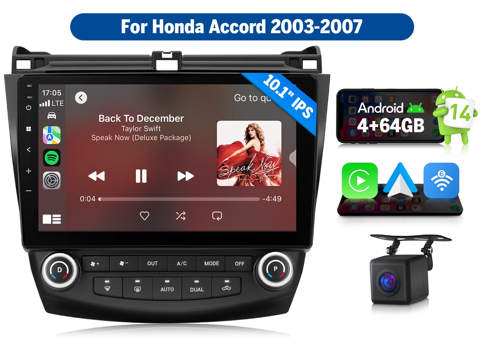 HAC1X7A For 2003-2007 Honda Accord 10.1″ Android 14 4+64G Car Stereo CarPlay SWC