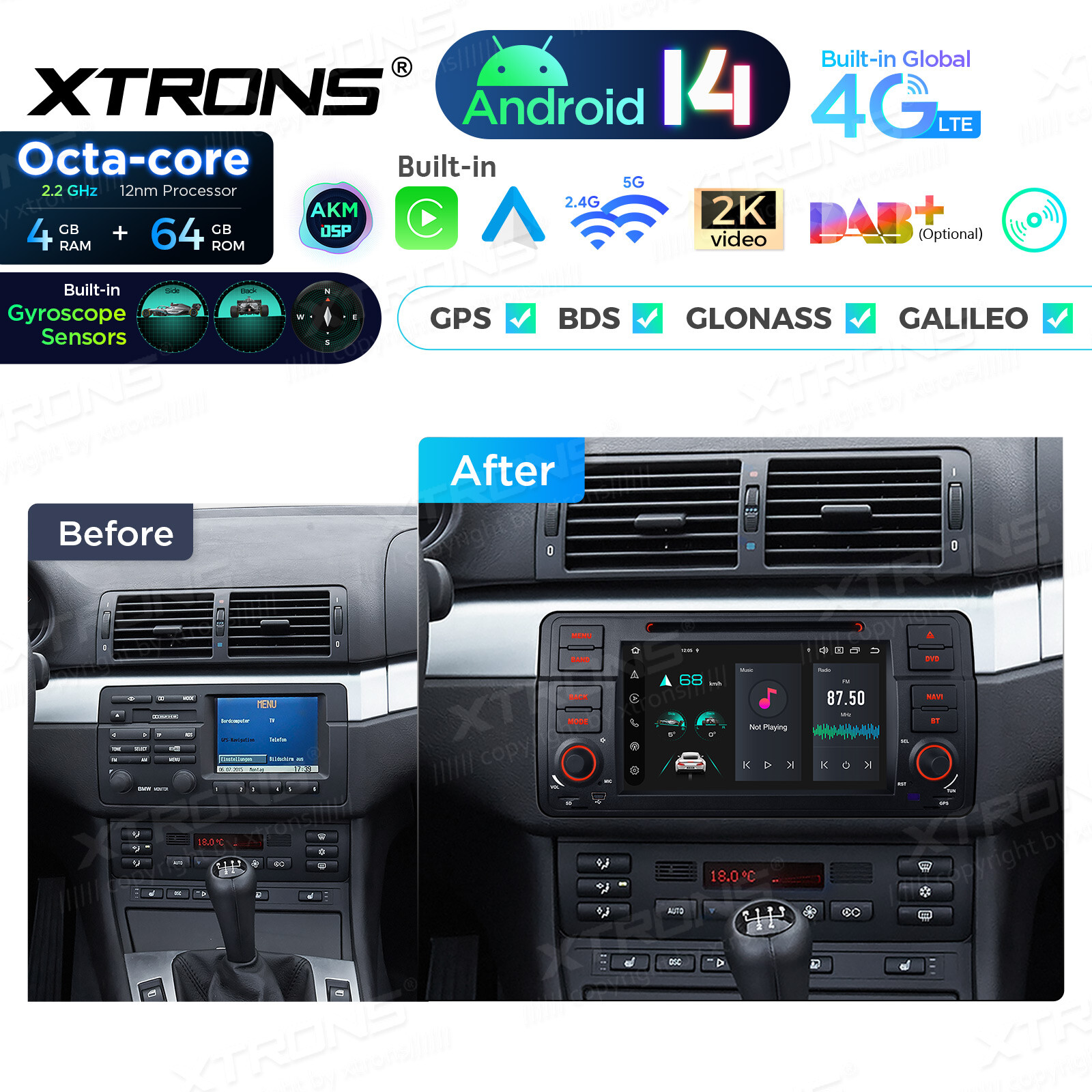 7″ Android 14 Car Stereo DVD 4G LTE Radio GPS 4+64GB AKM DSP For BMW E46 3er M3