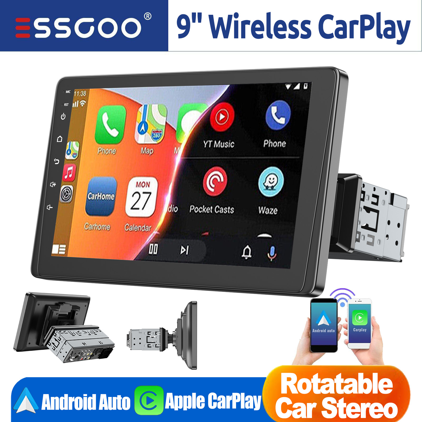 9″ Single 1 DIN Car Stereo Radio Wireless CarPlay/Android Auto AUX USB Head Unit