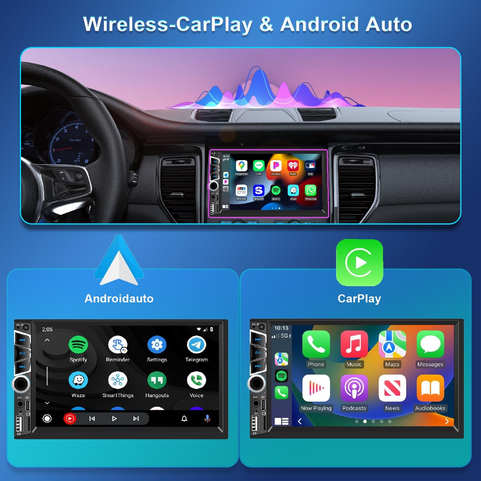 7″ Double Din Car Stereo with Wireless Apple CarPlay,Car Radio Build-in Bluet…