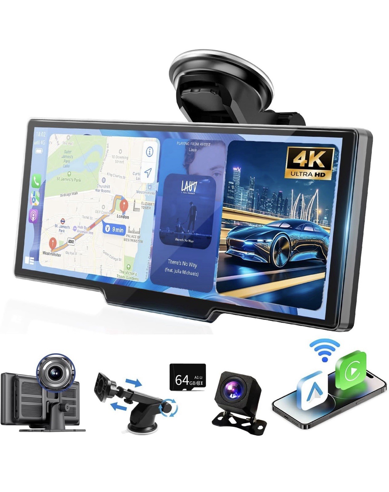 Wireless Carplay Screen for Car, 10.26″ Portable Car Touch Screen for Apple C…