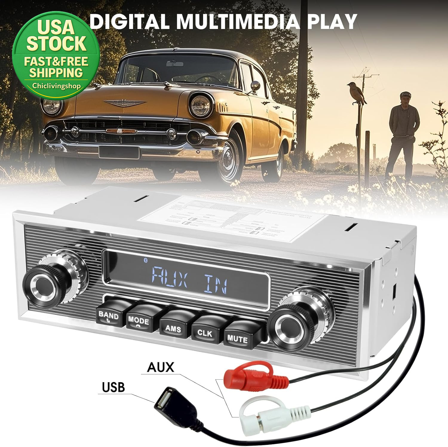 Bluetooth Retro Radio Single Din Vintage Stereo AM FM USB AUX Subwoofer RCA