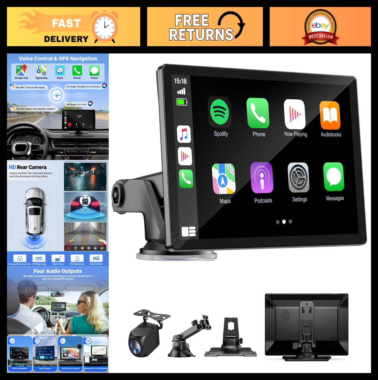 9″ Wireless CarPlay Touchscreen Display, Portable Android Auto, GPS, FM, Voice C