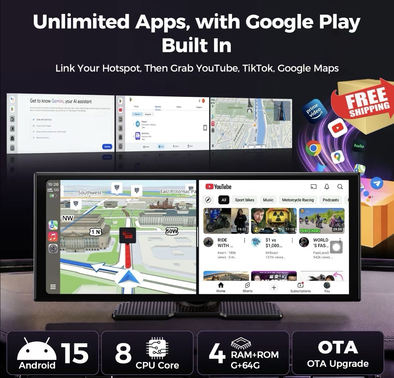 10.25″ Touch Screen Wireless Carplay Portable Car Stereo with Netflix YouTube