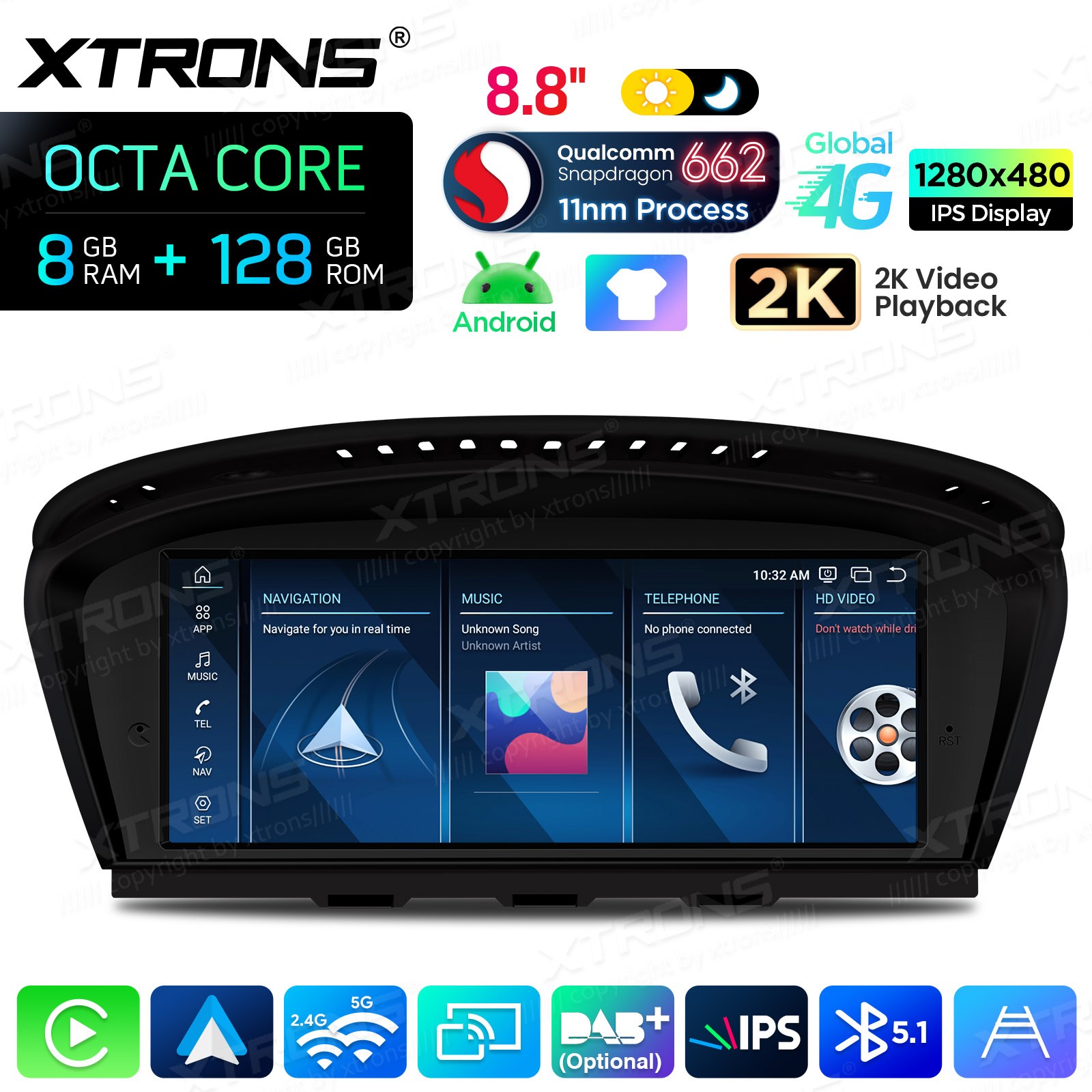 10.1″QLED Single 1-DIN Android 13 64G Car Stereo GPS Radio Sat Navi 4G LTE WiFi