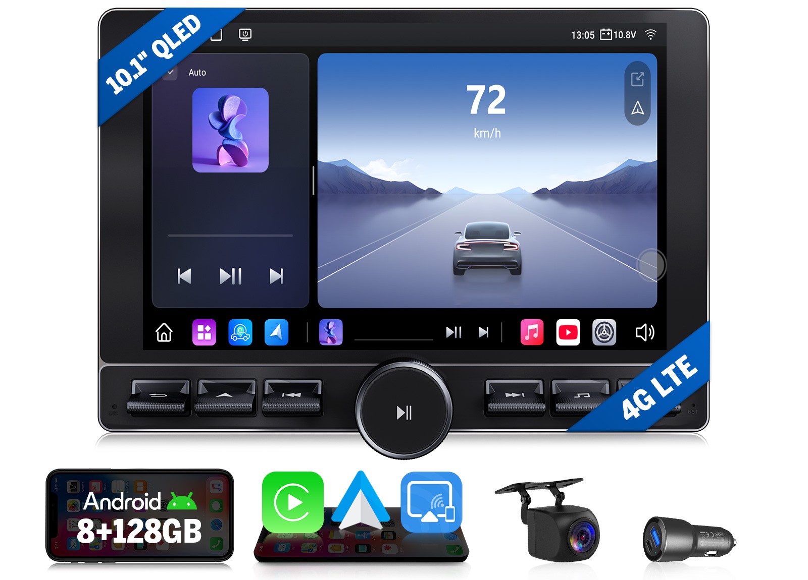 QLED 10.1″Android Car Stereo 8+128 CarPlay GPS Voice Control Double DIN HeadUnit