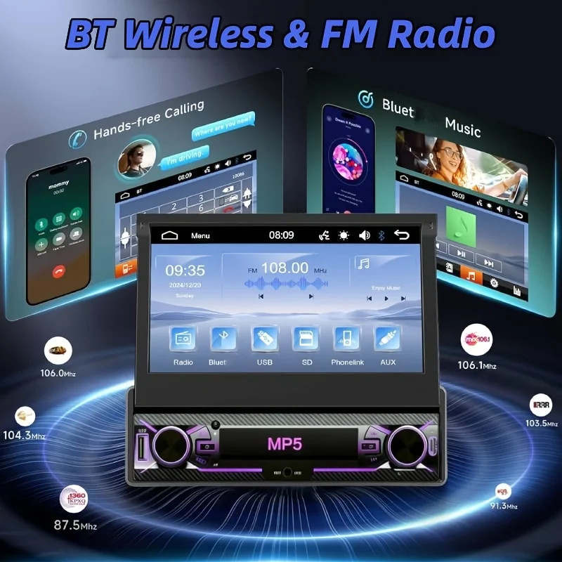 7in 1Din Car Stereo Motorized Flip Out Touchscreen MP5 Player Wired Carplayer