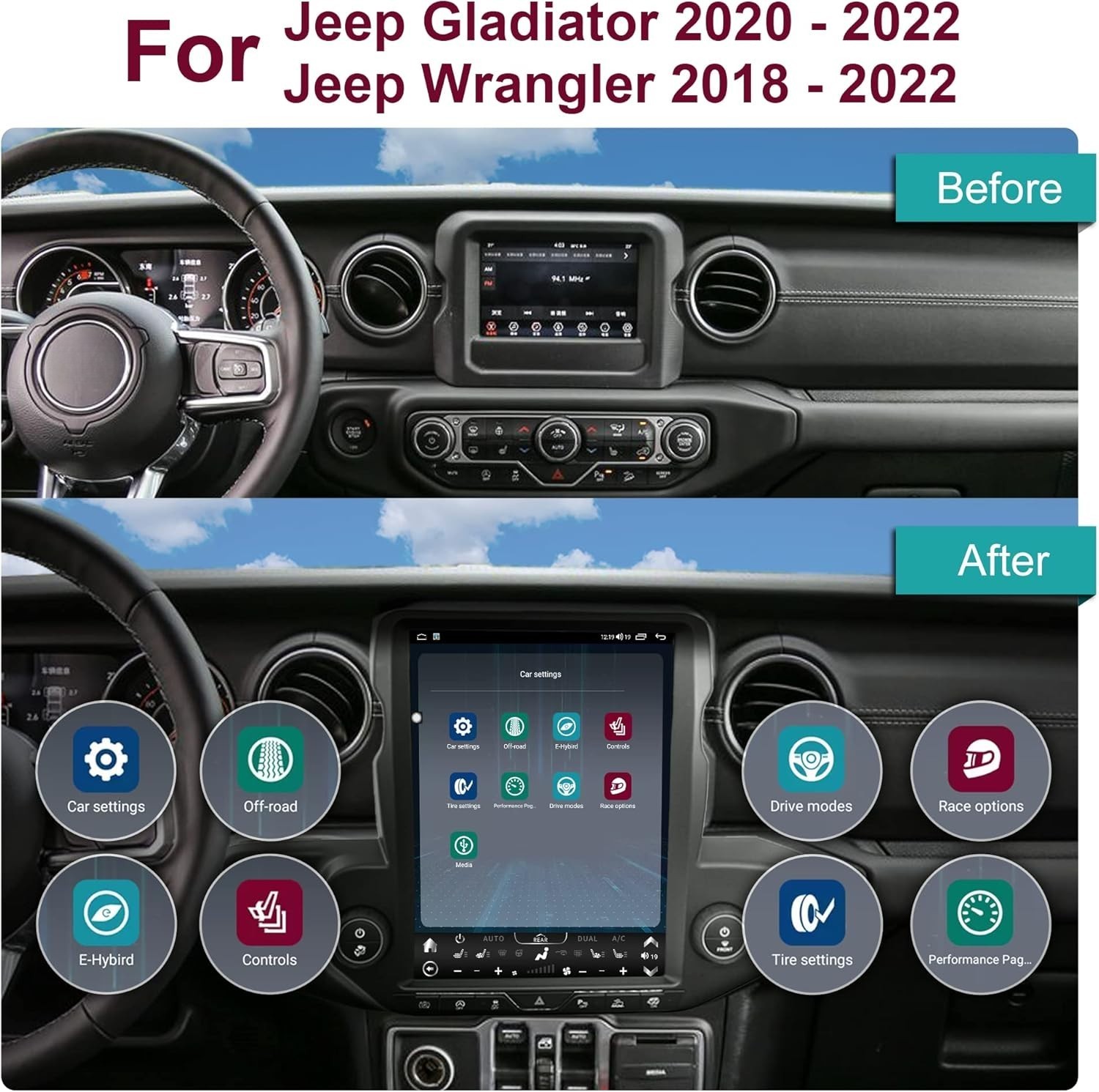 12.1″ Car Radio For Jeep Wrangler Jl Gladiator Carplay Gps Navigation Stereo NAV