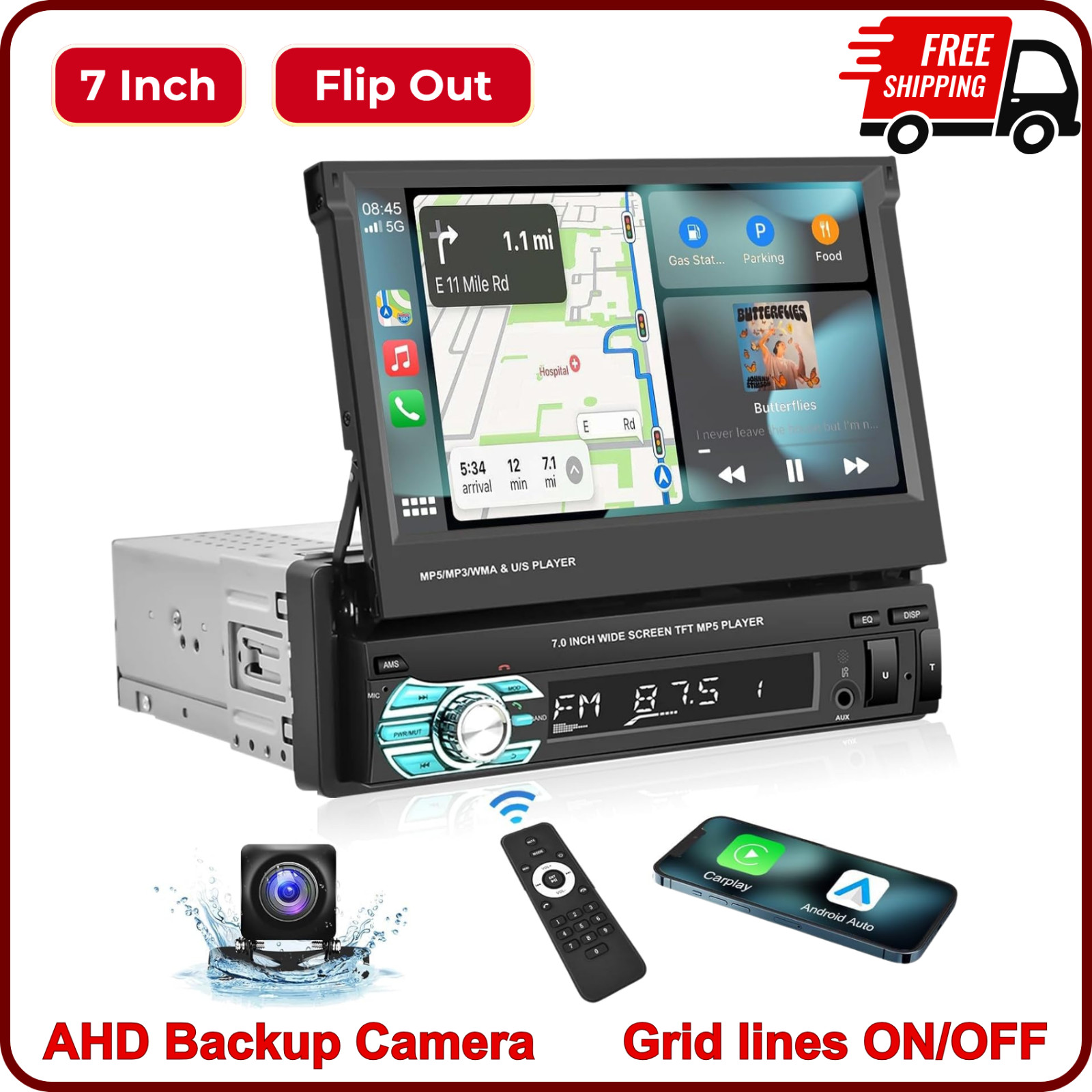 7″ Single DIN Car Radio Stereo Apple Carplay Bluetooth Flip Out Screen USB Aux