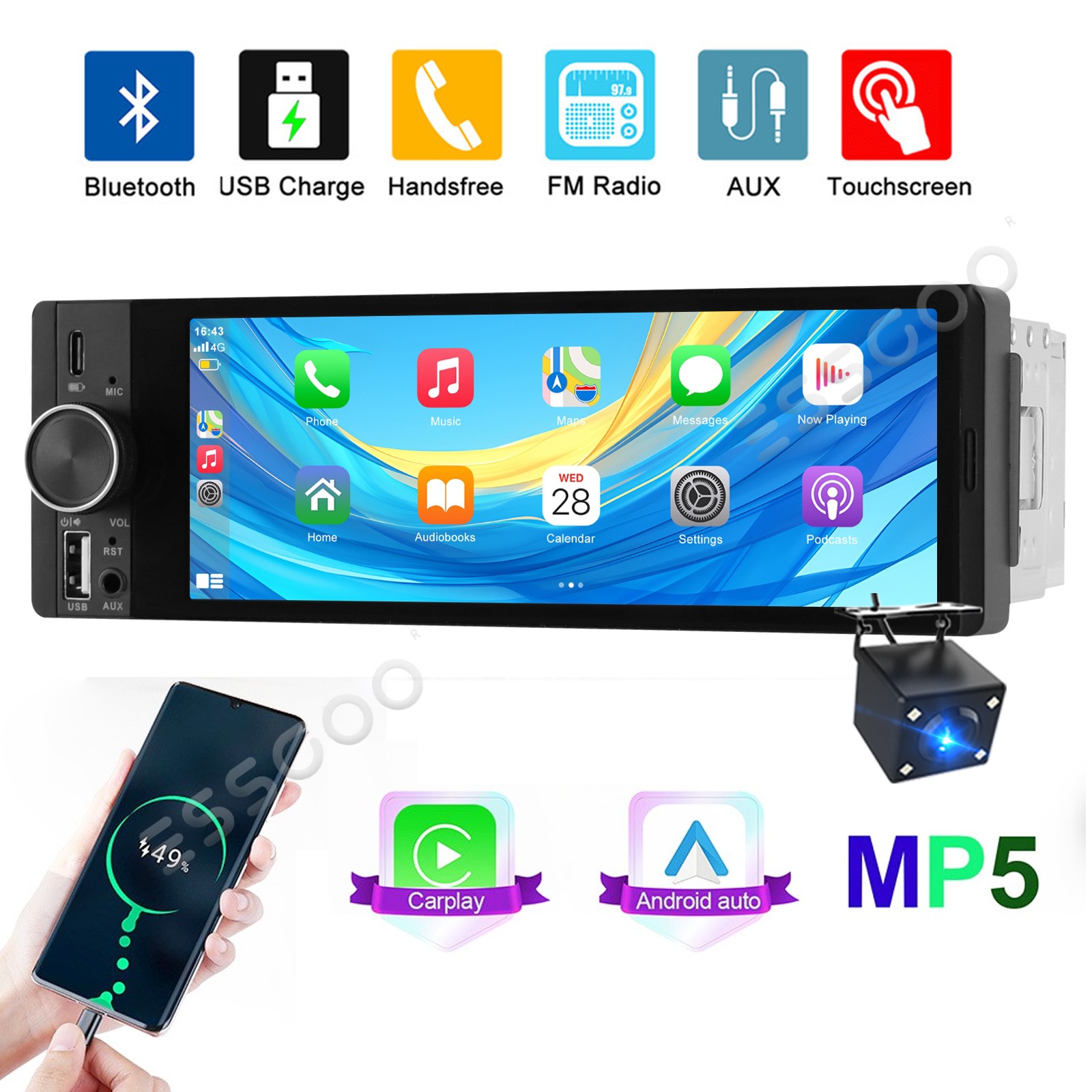 Bluetooth CarPlay Android Auto 6.36″ Single DIN Car Stereo Radio Bluetooth CAM