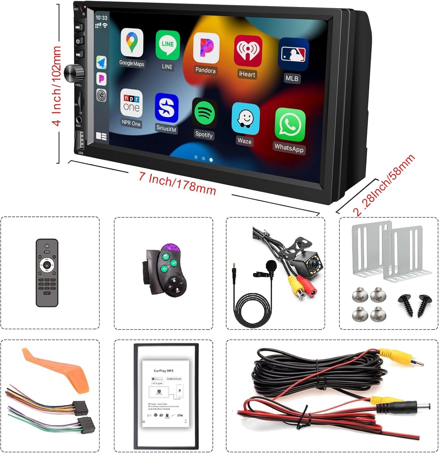 Wireless Double Din Car Stereo Works with Apple Carplay,7 Inch HD 1024 * 600 …