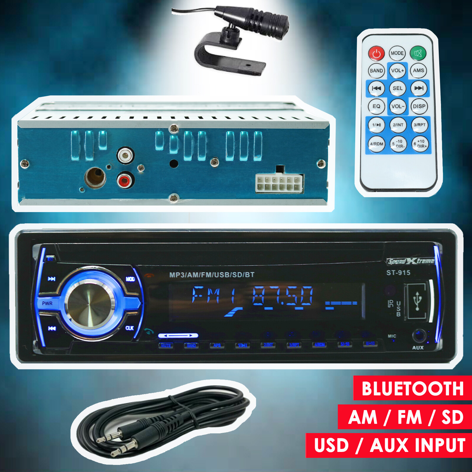 Car Stereo Audio Radio Receiver w/ Bluetooth In-Dash FM SD USB MP3 + Aux Cable