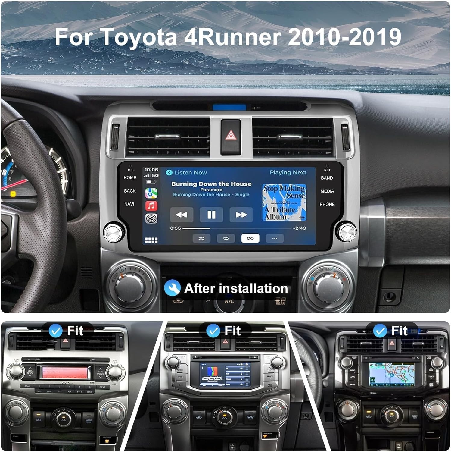 6+128GB Car Radio for 10-19 Toyota 4 Runner 10.33” QLED Screen Wireless CarPlay